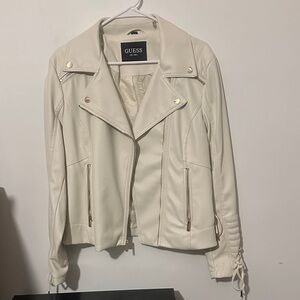 GUESS Cream Faux Leather Moto Jacket with Gold Hardware